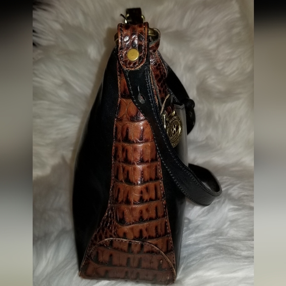Vintage BRAHMIN Black Brown Crocodile Print Leather Womens ShouldePurse Handbag - Picture 4 of 11